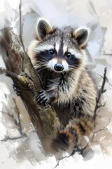 Obraz premium A raccoon is perched on a tree branch. The raccoon is looking at the camera with a curious expression. The image has a playful and lighthearted mood