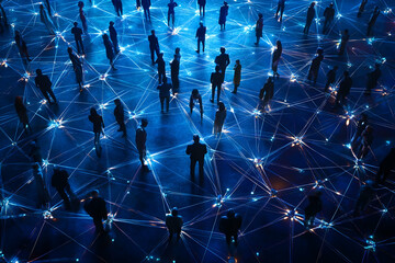 Abstract 3D Rendering of People Standing on a Network of Blue Lines
