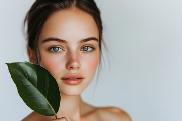 A young girl with smooth, makeup-free skin holds a green leaf close to her face indoors