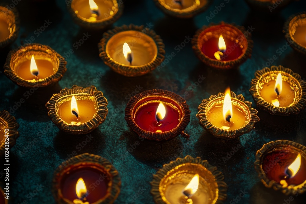 Poster a row of candles in gold and red are lit, creating a warm and inviting atmosphere