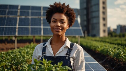 Black woman, farmer and plant with solar panel for eco friendly, sustainable future and infrastructure in city. Portrait, ecology and female person with renewable energy for natural growth