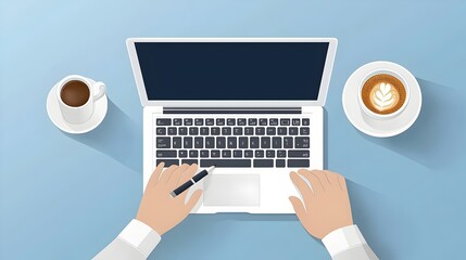 Productive and Focused Freelancer or Entrepreneur Working Remotely from a Cozy and Modern Cafe Setting with Laptop Computer and Cup of Coffee