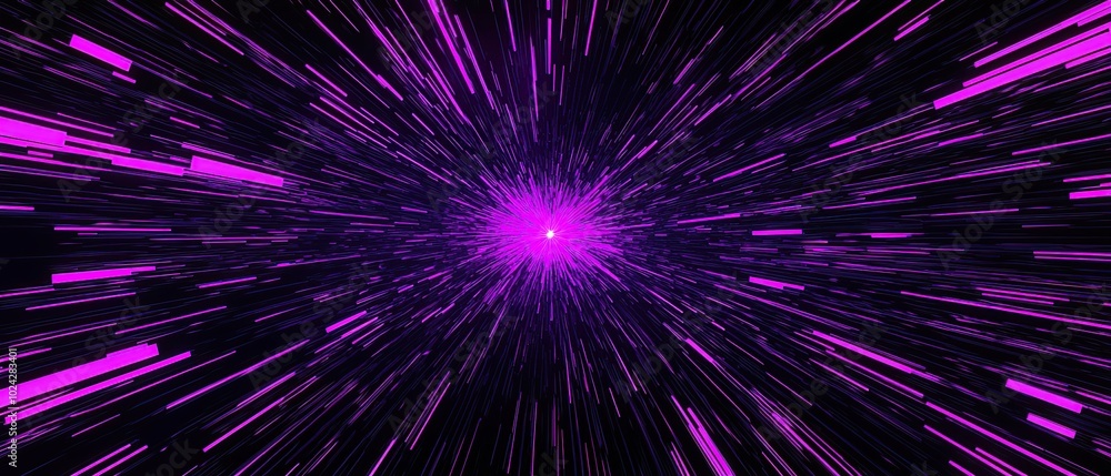 Poster abstract background with streaks of purple light emanating from a central point on a black backgroun