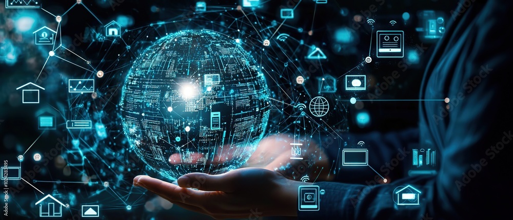 Poster a person's hand holds a glowing digital globe with lines connecting to various digital icons, repres