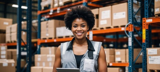 Black woman, portrait and tablet in warehouse for inspection, inventory check and stock management for web. Logistic, employee or supervisor with digital for shipping order, quality control and smile