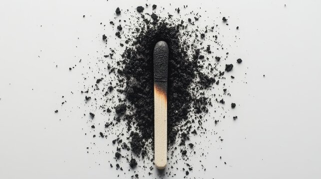 A glowing burnt matchstick on a white background with ashes scattered around, symbolizing emotional burnout, stress, and the aftermath of overwork