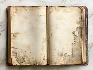 an open leather-bound book with visible age and wear, sitting on a wooden surface with a marble pattern.