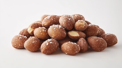 A heap of roasted peanuts with a light dusting of salt, isolated against pure white, detailed texture and natural shadows, suitable for packaging designs