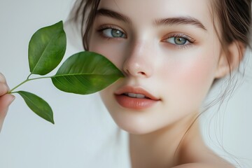 Fototapeta premium Portrait of a girl holding a green leaf in a serene environment with soft lighting