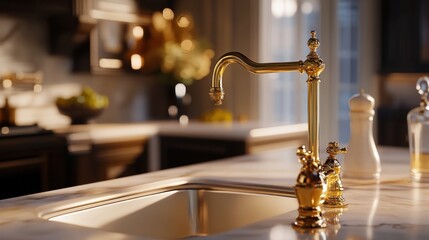 Elegant kitchen faucet with a marble countertop, creating a luxurious cooking environment.