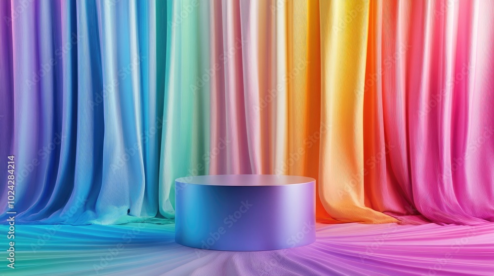 Poster 3D rendering of a cylindrical podium against a colorful backdrop