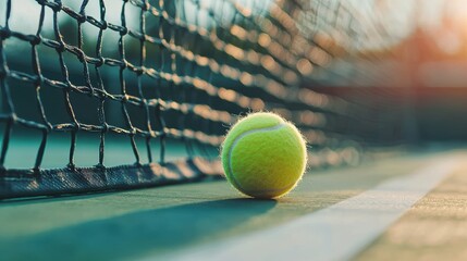 Tennis Ball Rolling on Court Surface at Sunset