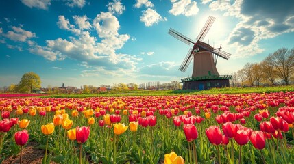 A picturesque spring scene featuring a rustic windmill surrounded by a vibrant expanse of tulips in a gently sloping countryside field