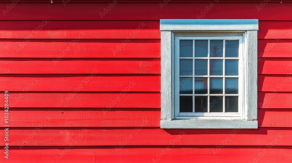 Poster closeup of window on a striking red clapboard building