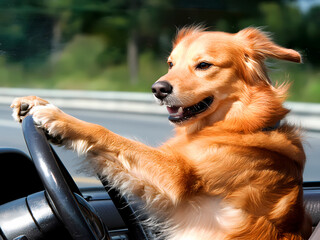 AI-Generated image of A dog is driving a car with its paws on the steering wheel. The dog is smiling and he is enjoying the ride