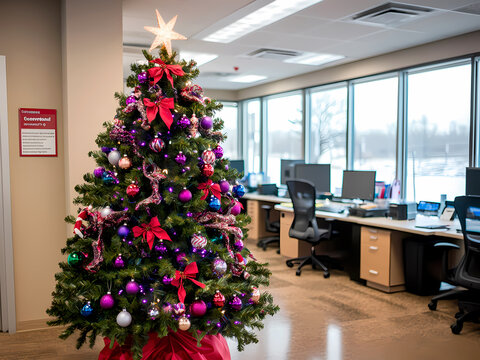 AI-Generated image of A large Christmas tree with many ornaments sits in a room with a window. The room is filled with office furniture, including several chairs and desks. The atmosphere of the image
