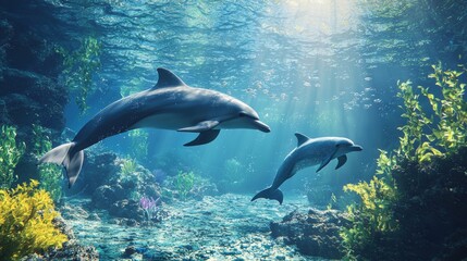 Obraz premium Playful Dolphins in Vibrant Underwater Scene