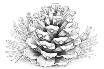 Coloring book illustration of an open pine cone on a blank background