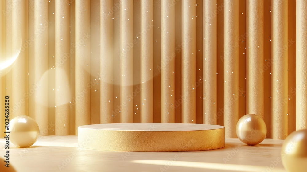 Aufkleber 3d illustration featuring a golden background with geometric shapes illuminated pedestal for showcas