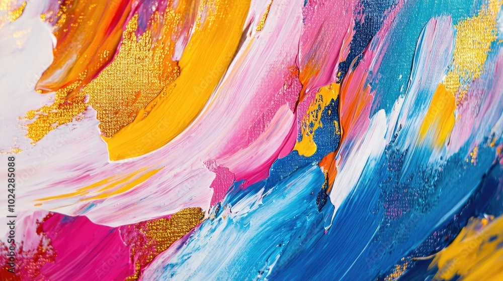 Poster abstract oil painting featuring vibrant colors and dynamic brushwork incorporating golden elements a