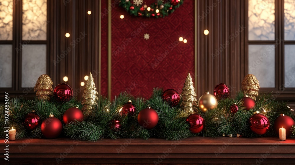 Poster 3d rendering of a festive podium display featuring holiday decorations
