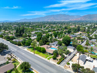 Aerial view of Upland city in San Bernardino County, California, on the border with neighboring Los Angeles County. 