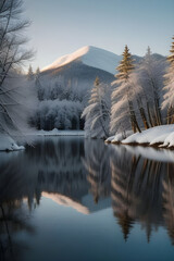 Winter landscape with reflection in the water.