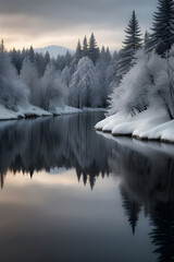 Winter landscape with reflection in the water.