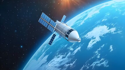 Obraz premium Satellite Orbiting the Earth in Flat Design for Space Research and Technology and Science Concept with Global Communication and Data Transmission