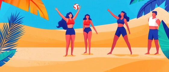 Group of friends playing beach volleyball on a sunny day, vibrant colors, tropical setting.