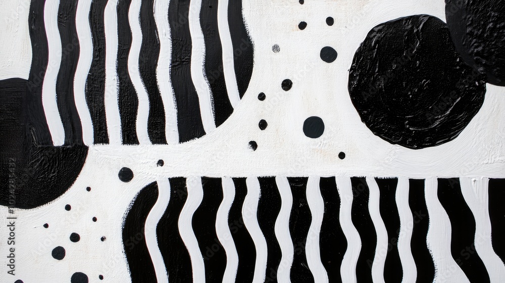 Poster abstract painting featuring simplistic black and white patterns