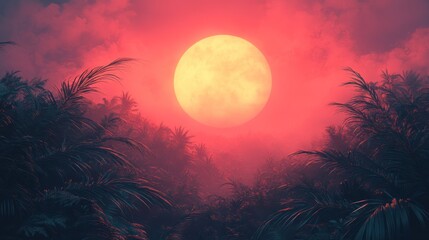 Fototapeta premium A large, full moon shines over a dark, tropical forest. The moon is glowing yellow and is partially obscured by clouds. The forest is a dark silhouette against the red and orange sky.