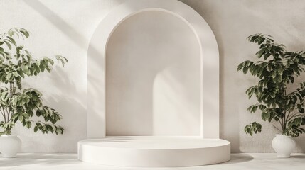 Abstract display podium featuring minimal geometric shapes design 3D rendering scene for mock up and product presentation Pedestal platform for cosmetic advertisements with various simple arch sha