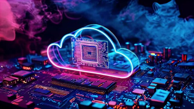 A glowing cloud computing icon sits on a circuit board with pink and blue smoke.
