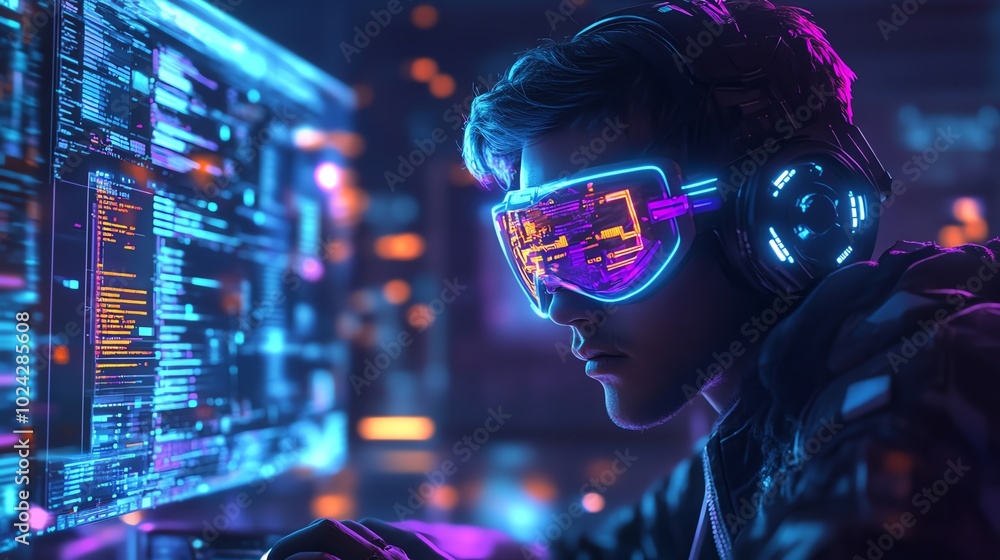 Poster a man wearing futuristic goggles and headphones sits in front of a computer screen filled with code.