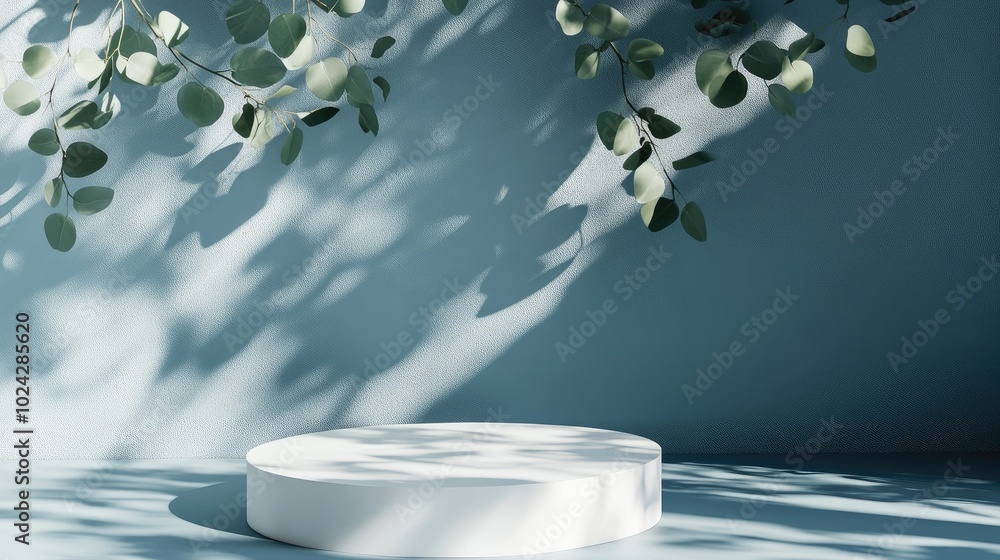 Aufkleber Abstract empty white podium adorned with eucalyptus leaves and shadows against a blue background Mockup display for product presentation 3D render Minimalist concept Advertising template