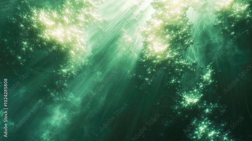 Poster abstract green fractal background featuring luminous rays of light