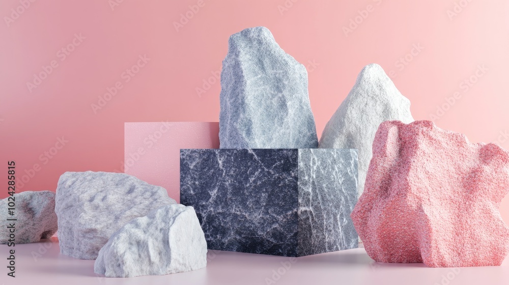 Poster Abstract geometric background featuring stone and rock shapes serving as a minimalist mockup for podium display or showcase rendered in 3D