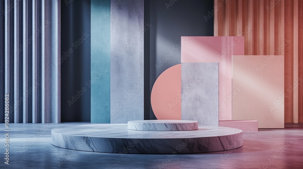 Aufkleber 3D rendering of a studio featuring geometric shapes and a podium Platforms designed for product showcasing with a mock up background Abstract composition in a minimalistic style