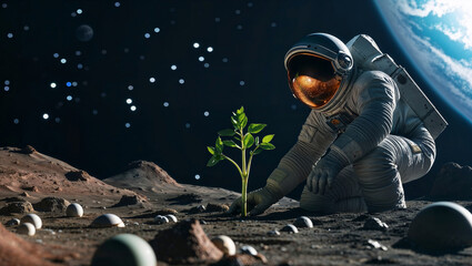 An astronaut dressed in a spacesuit found a sprout sprouting on an alien planet and bent over it, with stars and a blue planet visible in the background.