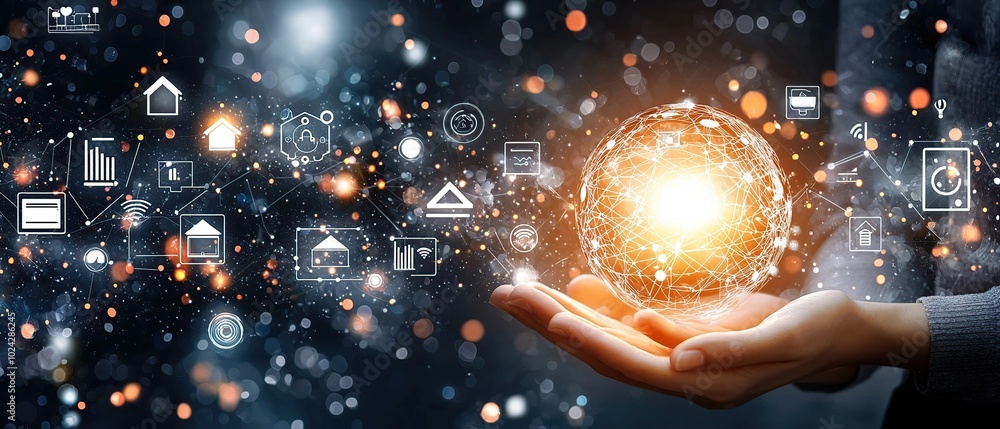 Poster hands holding a glowing sphere of connected lines, symbolizing a network and technology.