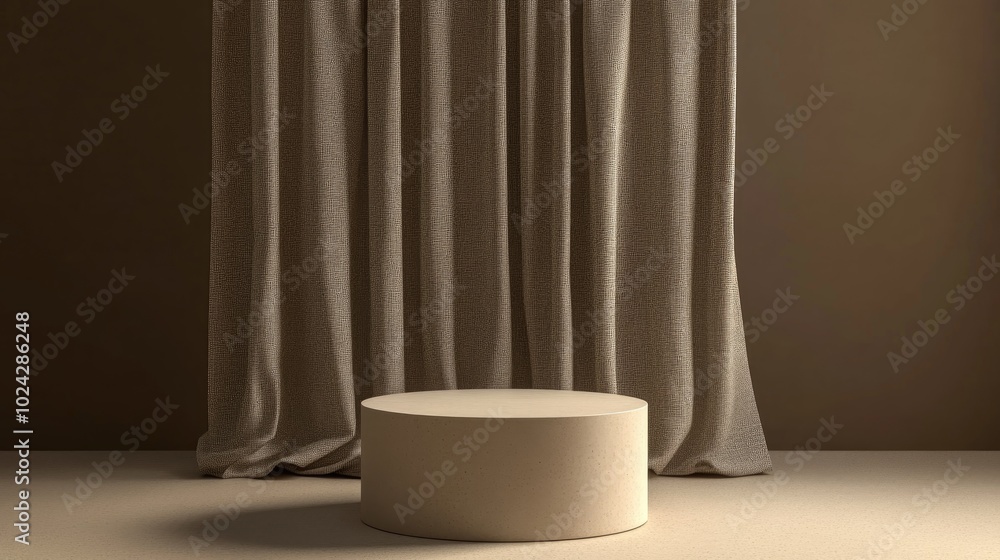 Poster 3D rendering of a product display podium with a curtain against a brown background Cylinder mock up for presentation purposes