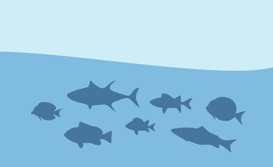 Naklejka premium Silhouettes of Various Fish Underwater. Isolated vector Illustration swimming fish in the ocean. Simplified design, suitable for educational, environmental, or marine-themed projects and visuals.