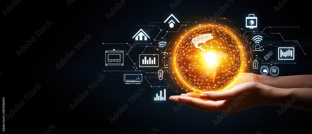 Poster hands holding a glowing globe with connected network icons around it.