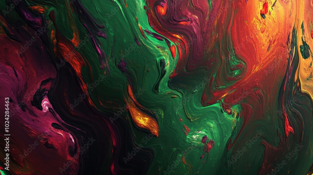 Aufkleber Abstract textured painting featuring chaotic strokes in green red and violet Fractal design with elements of fantasy in a digital art style rendered in 3D