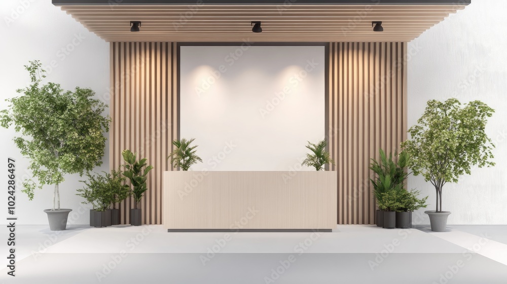 Poster 3d illustration of a 3x3 exhibition booth featuring a blank backdrop a reception table and decorativ