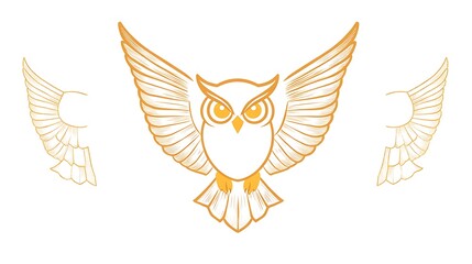 Minimalist owl illustration with just the outline of wings, eyes, and beak, set against a plain white background. Smooth and clean lines, no textures, flat colors, hd quality, modern geometric style,