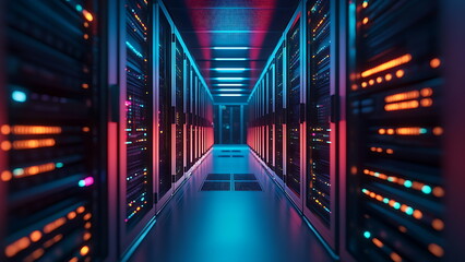 Fototapeta premium A long hallway filled with rows of computer servers