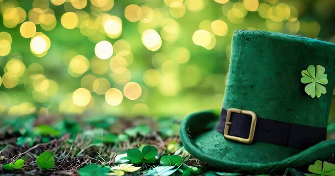 Green hat with shamrock and clover leaves on green bokeh background with copy space for text. St. Patrick's Day celebration concept. Happy Saint Patrick's Day greeting card