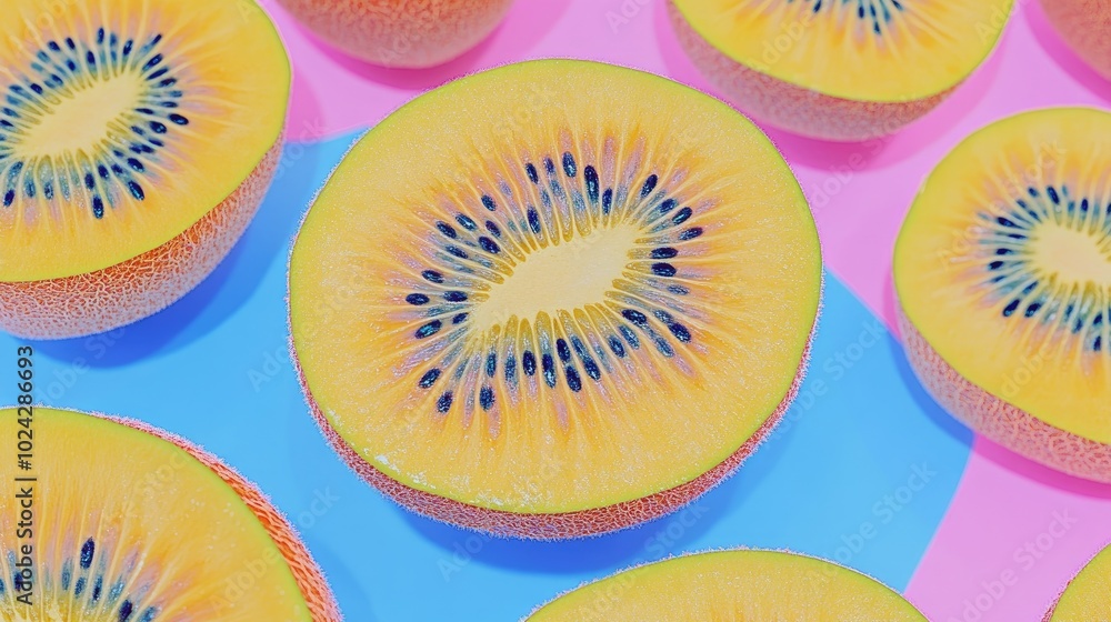 Poster close up of sliced kiwi showing seeds